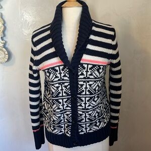 Gap Blue & White Stripe & Fair Isle Shawl Cardigan Wool Blend buttons Size Large